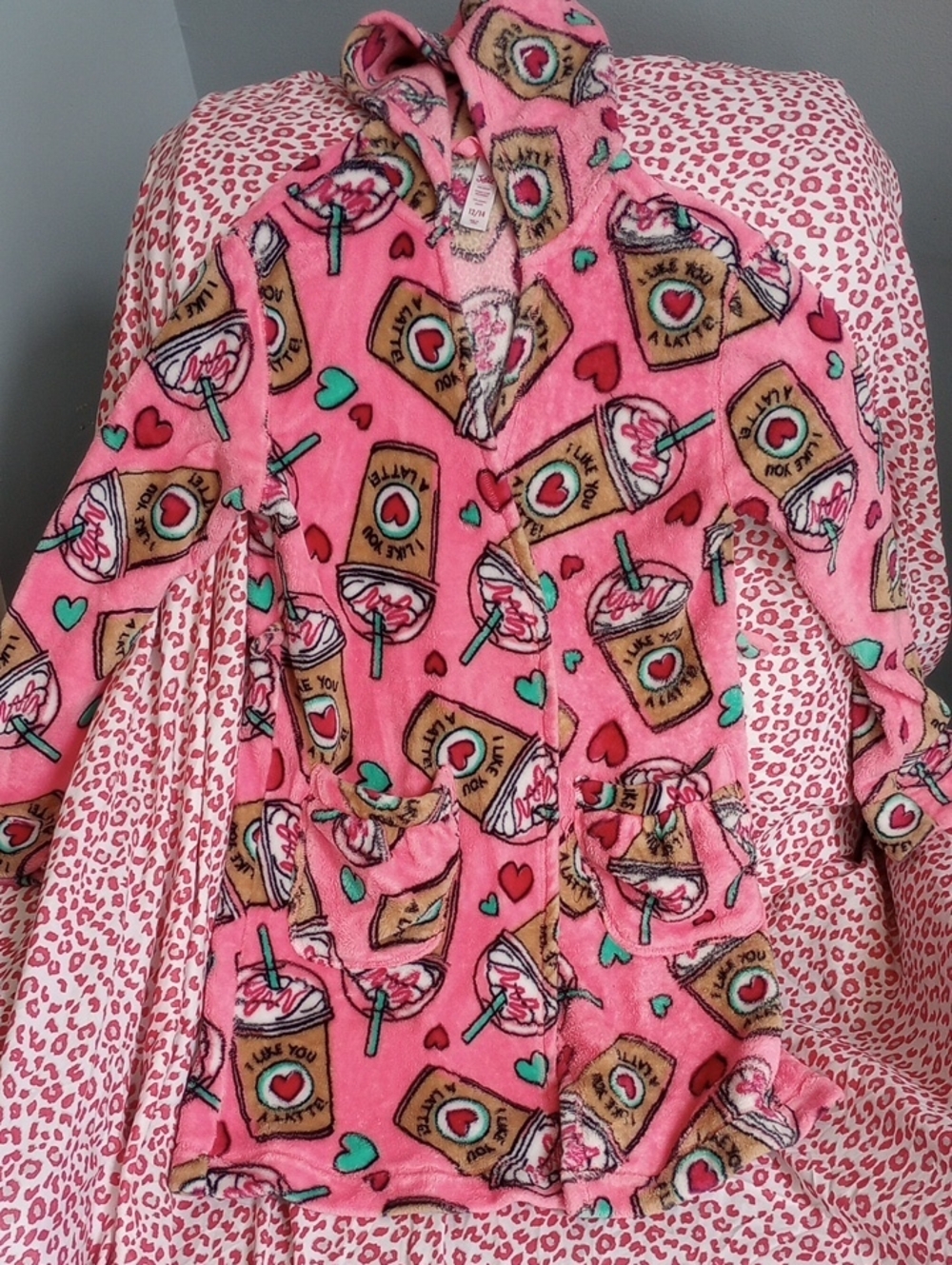 Pink Fleece Hoodie Robe with Coffee & Hearts Print